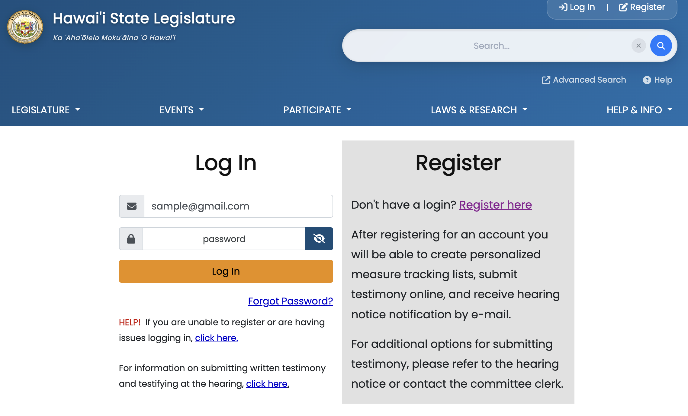 Capitol website login page