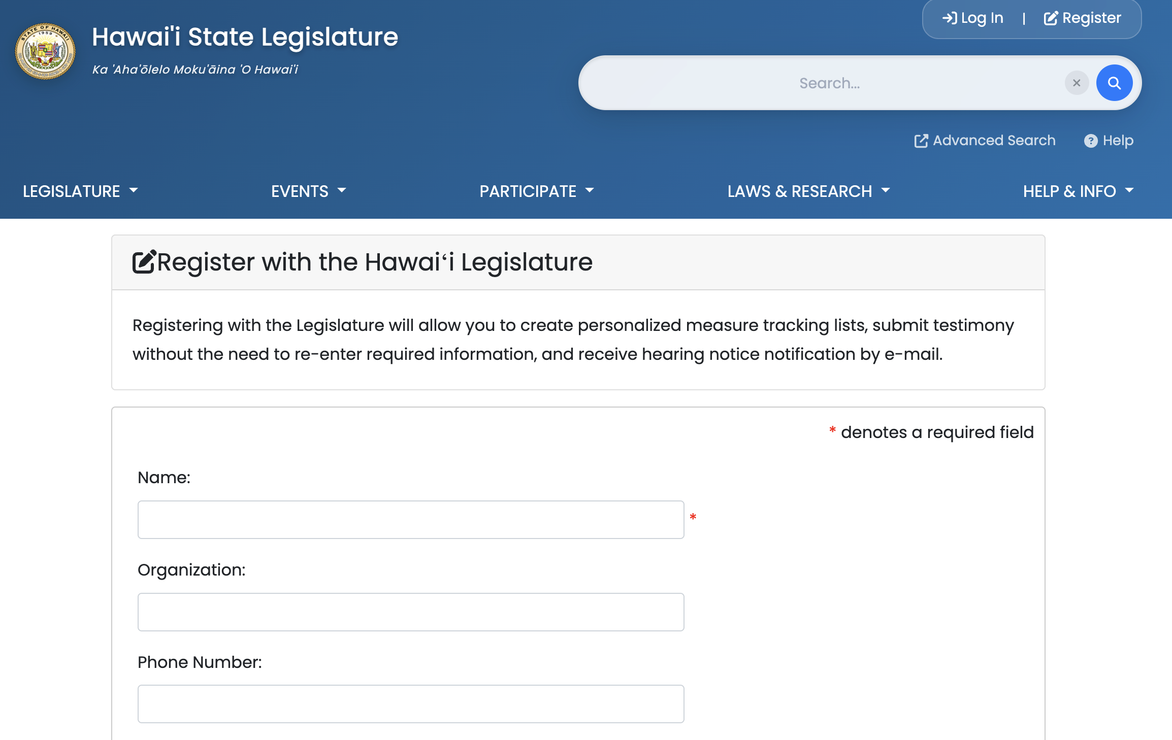 Capitol website registration page