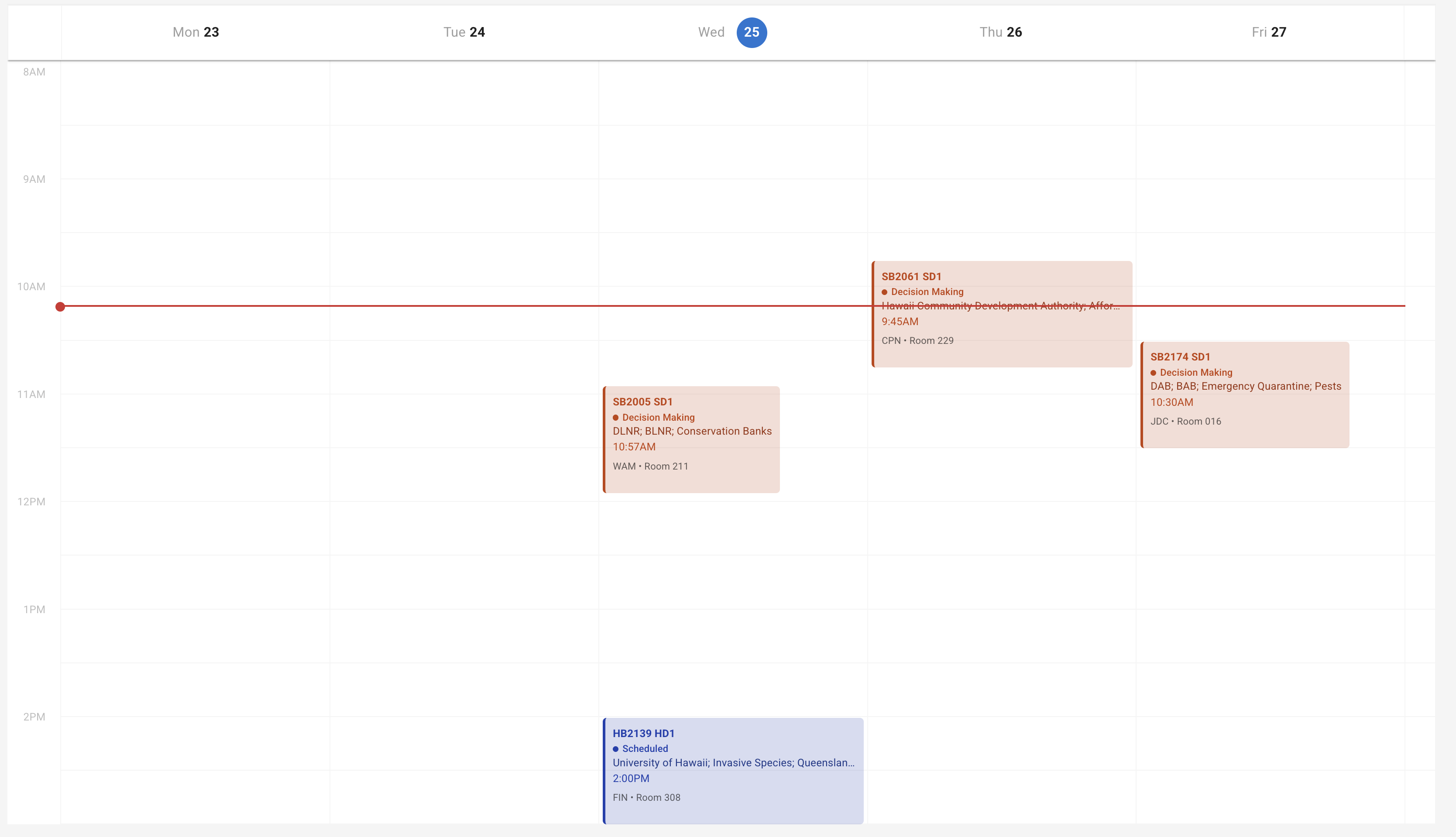 Calendar view showing scheduled vs. decision making hearings