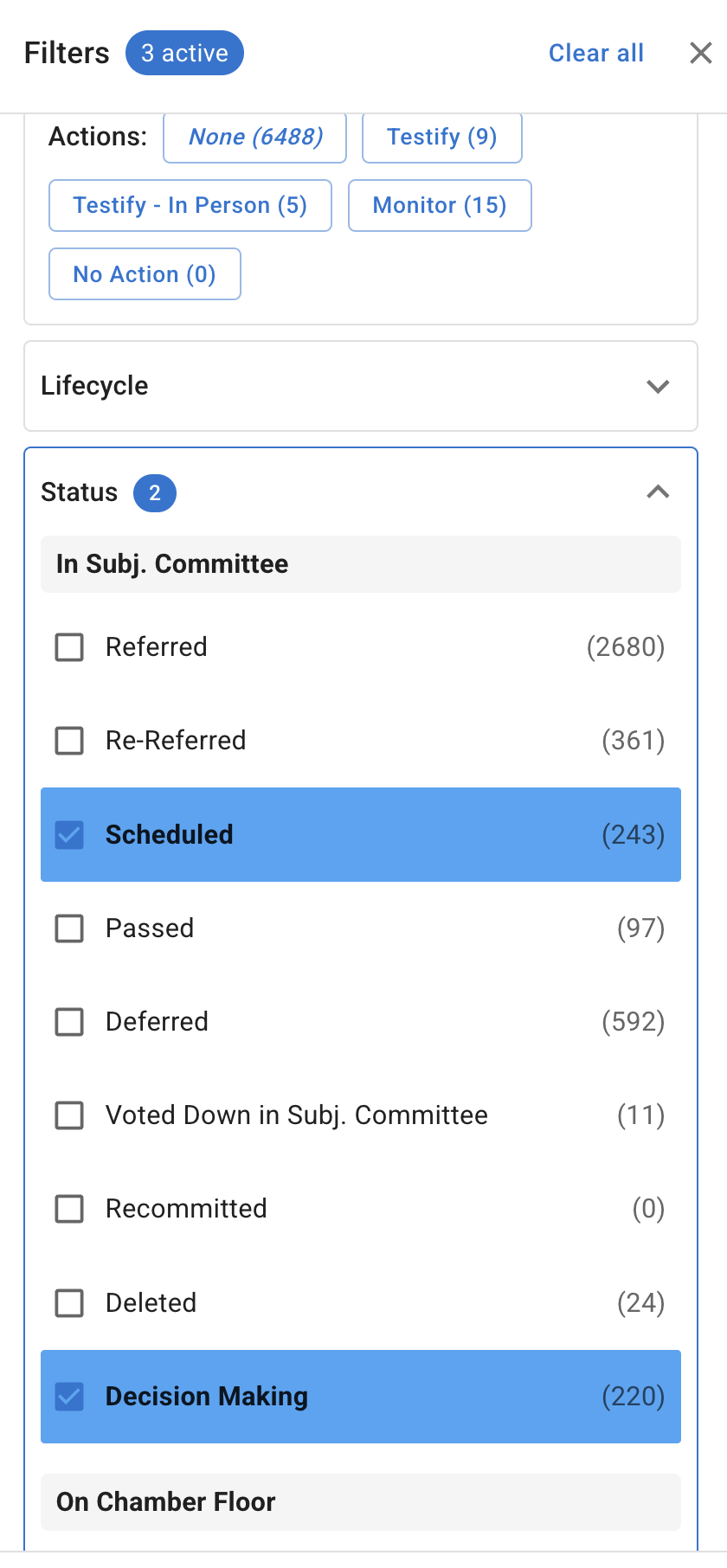 Filter settings with Scheduled and Decision Making selected in Status